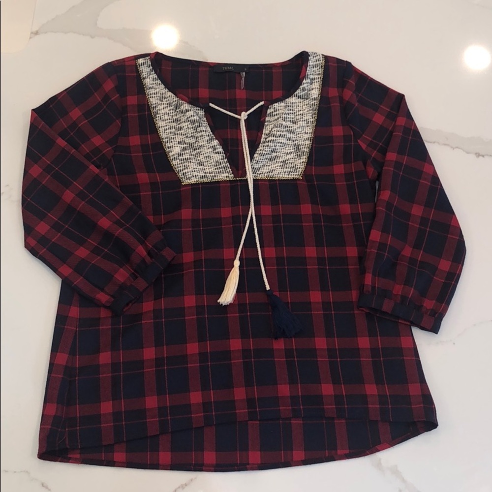 THML Plaid Flannel Boho Top, size small